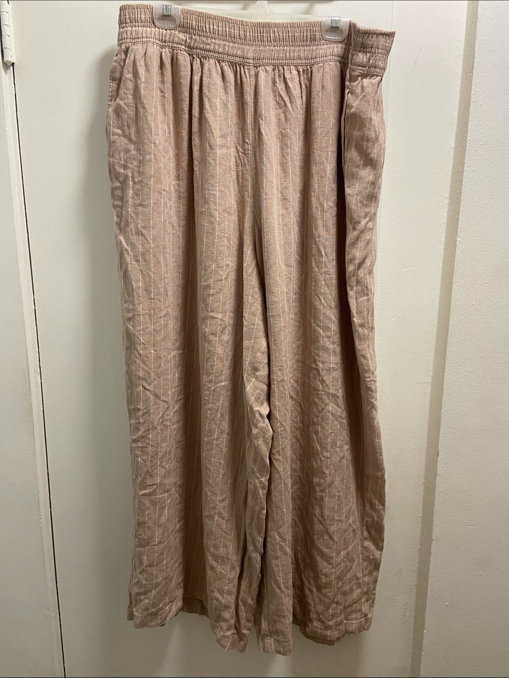 Wide Leg Elastic Waist Striped Linen-Blend Pants - Beige